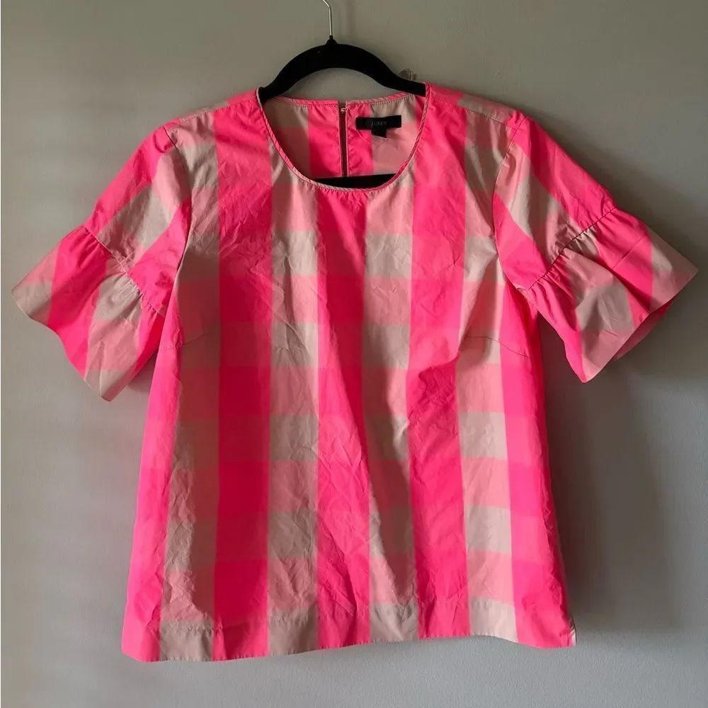 J. Crew Ruffle-Sleeve Neon Buffalo Check Top Size 0